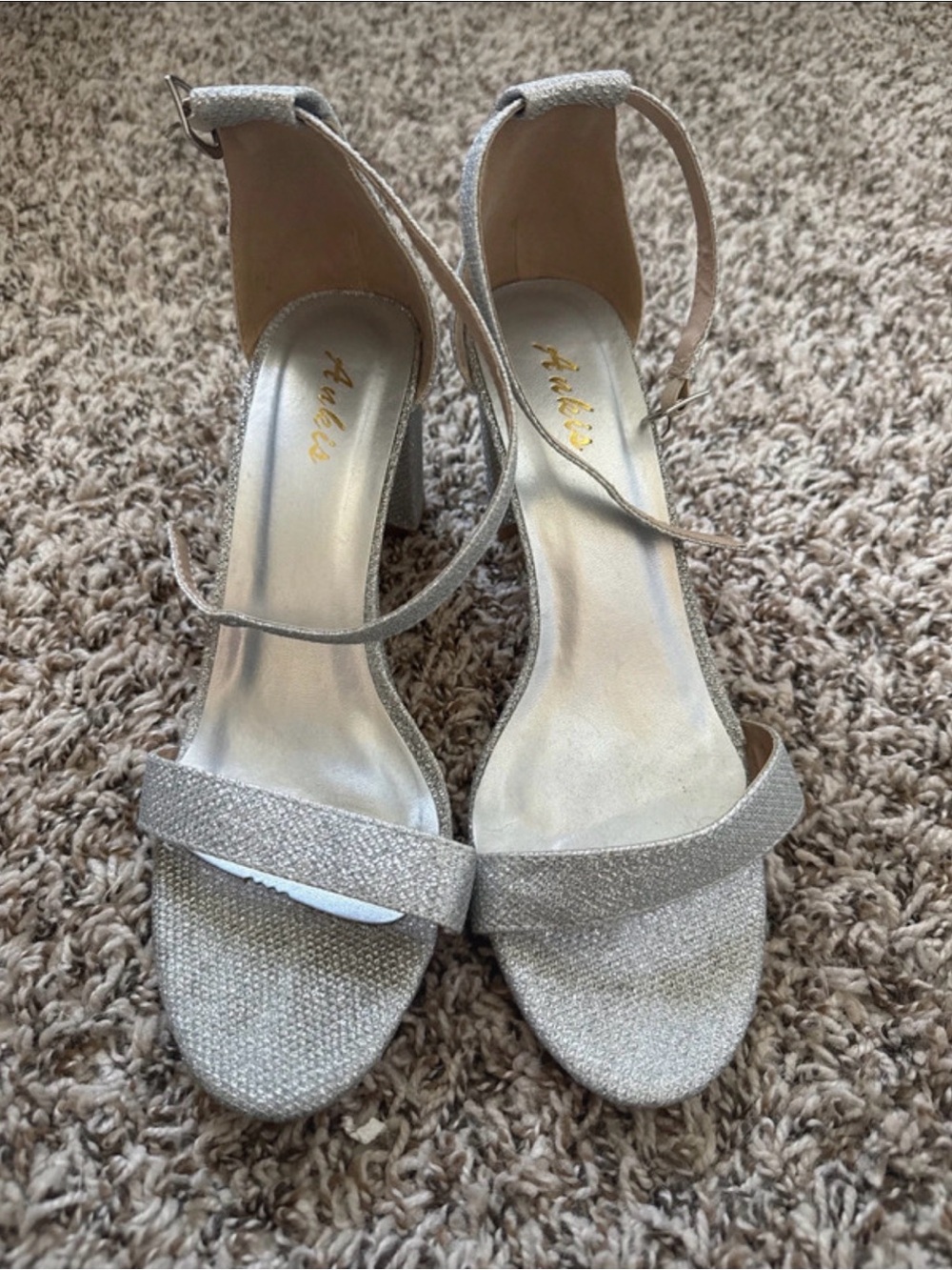 Ankle-Strap Silver Glitter Block Heel Sandals
